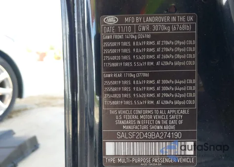 2011 Land Rover Range Rover Sport Hse из США, поврежденный, VIN SALSF2D49BA274190